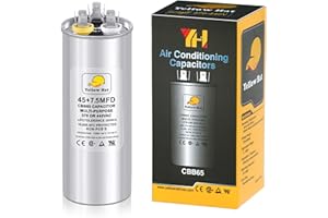 HVAC YELLOW HAT Capacitor for Air Conditioner 45+7.5 uf MFD 370 or 440 Volt VAC, Multi-Purpose Round Capacitor for AC Motor Run or Fan Motor Start or Condenser Straight