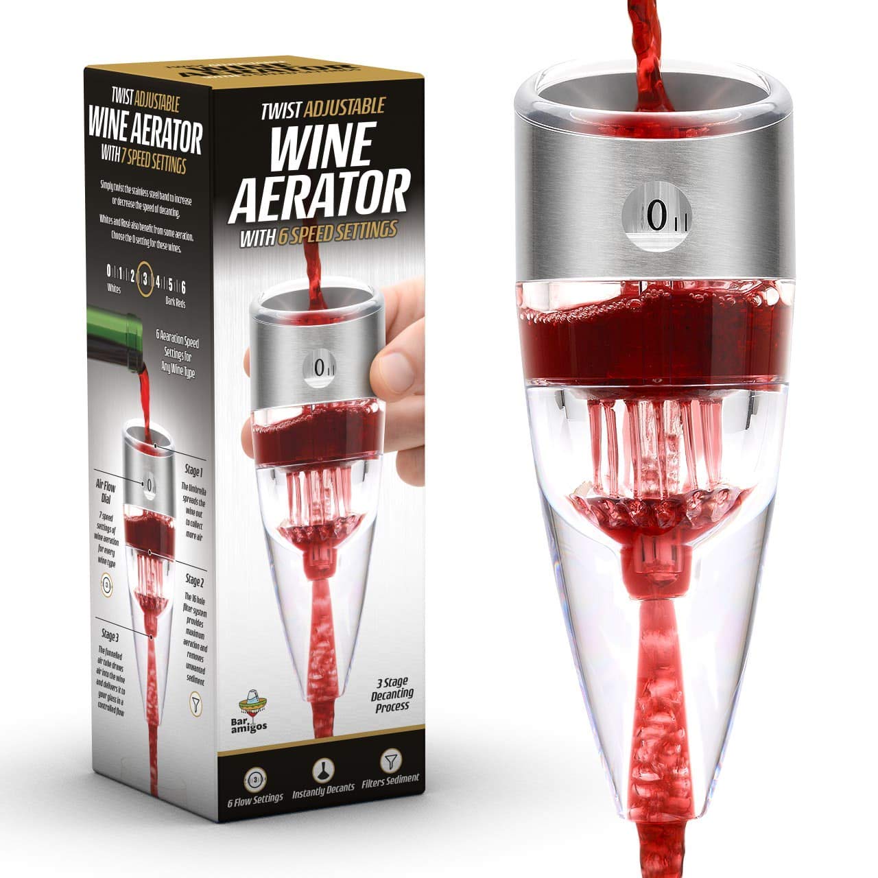 CKB LTD Bar Amigos Twist Adjustable Wine Aerator with 6 Speed Settings for Red & White Wine Drinking