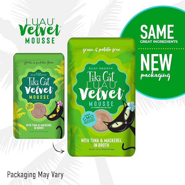 TIKI CAT LUAU VELVET MOUSSE, TUNA & MACKEREL IN BROTH, COMPLETE NUTRITION FOR BALANCED DIET, WET CAT FOOD FOR ALL LIFE STAGES, 2.8 OZ. POUCH (12 COUNT)