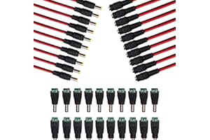 (Real 18AWG 43x2pcs Strands) 10 Pairs DC Power Pigtail Cable 12V 5A Male & Female + 10 Pairs DC Power Jack Plug Adapter barrel Connector for CCTV Home Security Surveillance by MILAPEAK (2.1mm x 5.5mm)