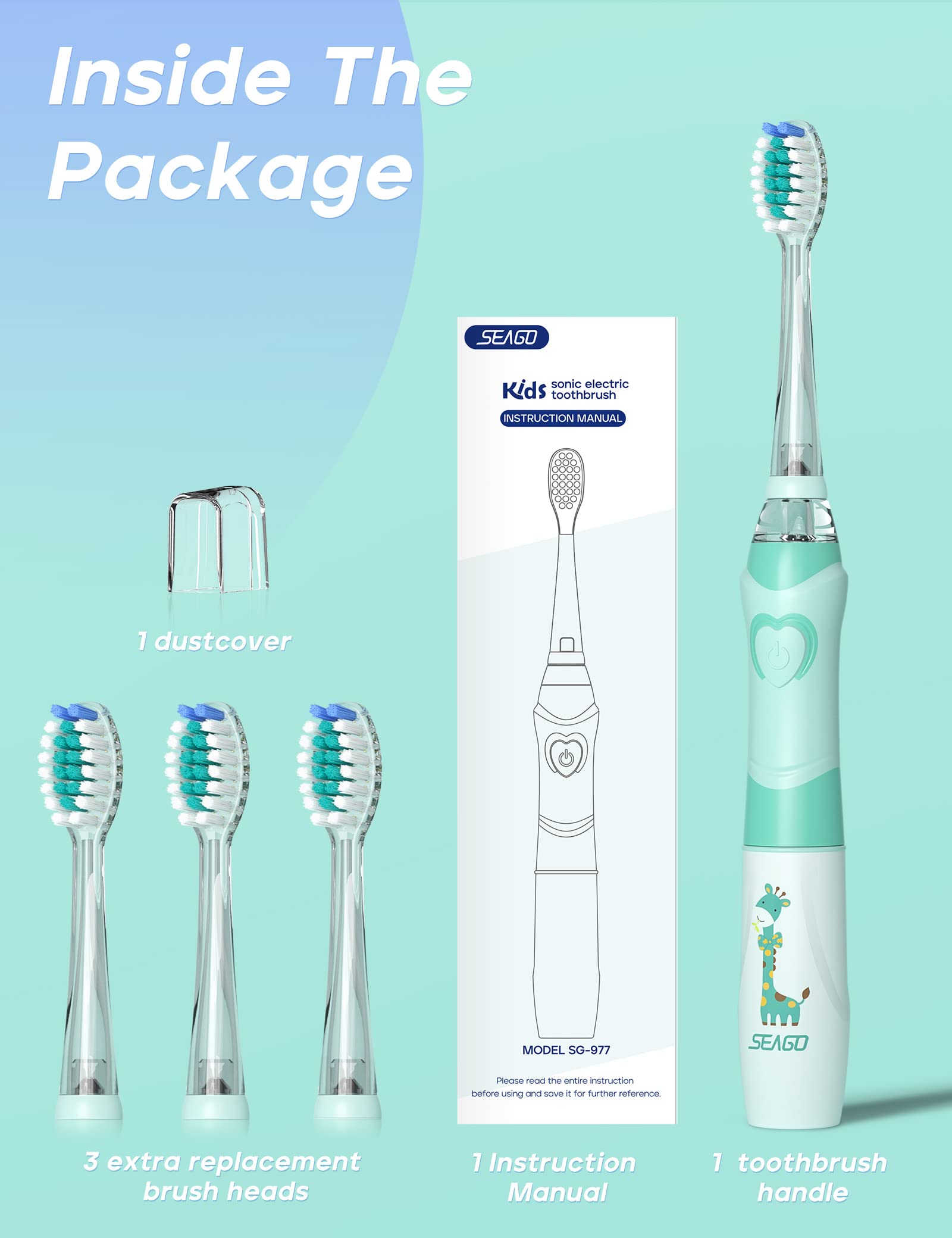 SEAGO Kids Electric Toothbrush with 2 Mins Brushing Timer and 4 Replacement Bursh Heads, Rainbow LED Light Make Brushing Fun, Green Color Boys Battery Powerd Toothbrush for 4-12 Years Old，SG-977