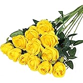 Hawesome 12PCS Artificial Silk Flowers Realistic Roses Bouquet Long Stem for Home Wedding Decoration Party (Yellow 1)