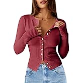 Saodimallsu Womens Slim Fit Cardigan Sweaters Sexy Button Crew Neck Fall Trendy Knit Long Sleeve Soft Open Front Tops