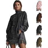 Cfhdass Women’s Velvet Tassel Mini Dress High-Neck Suede Velvet Vintage Dress with Loose Pocket Fringe Long-Sleeve Dress