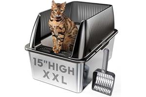 Tripamin 15” XL Stainless Steel Cat Litter Box Enclosure, XXL Stainless Steel High Sides with Lid, Extra Large Metal Cat Litter Box (Translucent Black, XX-Large)