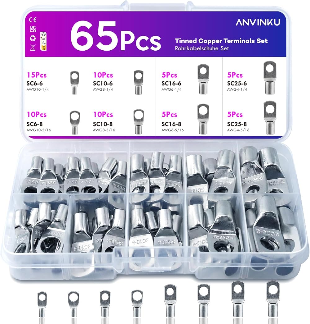 ANVINKU 65 Pcs Battery Terminal Connectors Set 8 Types Heavy Duty Copper