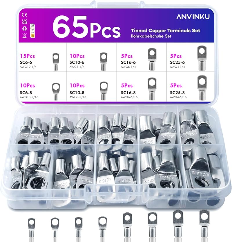 ANVINKU 65 Pcs Battery Terminal Connectors Set 8 Types Heavy Duty Copper