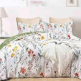 Nanko Floral Comforter Set Full Size, 3pc Farmhouse Green Leaves Yellow Flowers Botanical Pattern Printed Microfiber Bedding Comforter Set, All Season Soft & Lightweight Comforter for Women 80"x90"