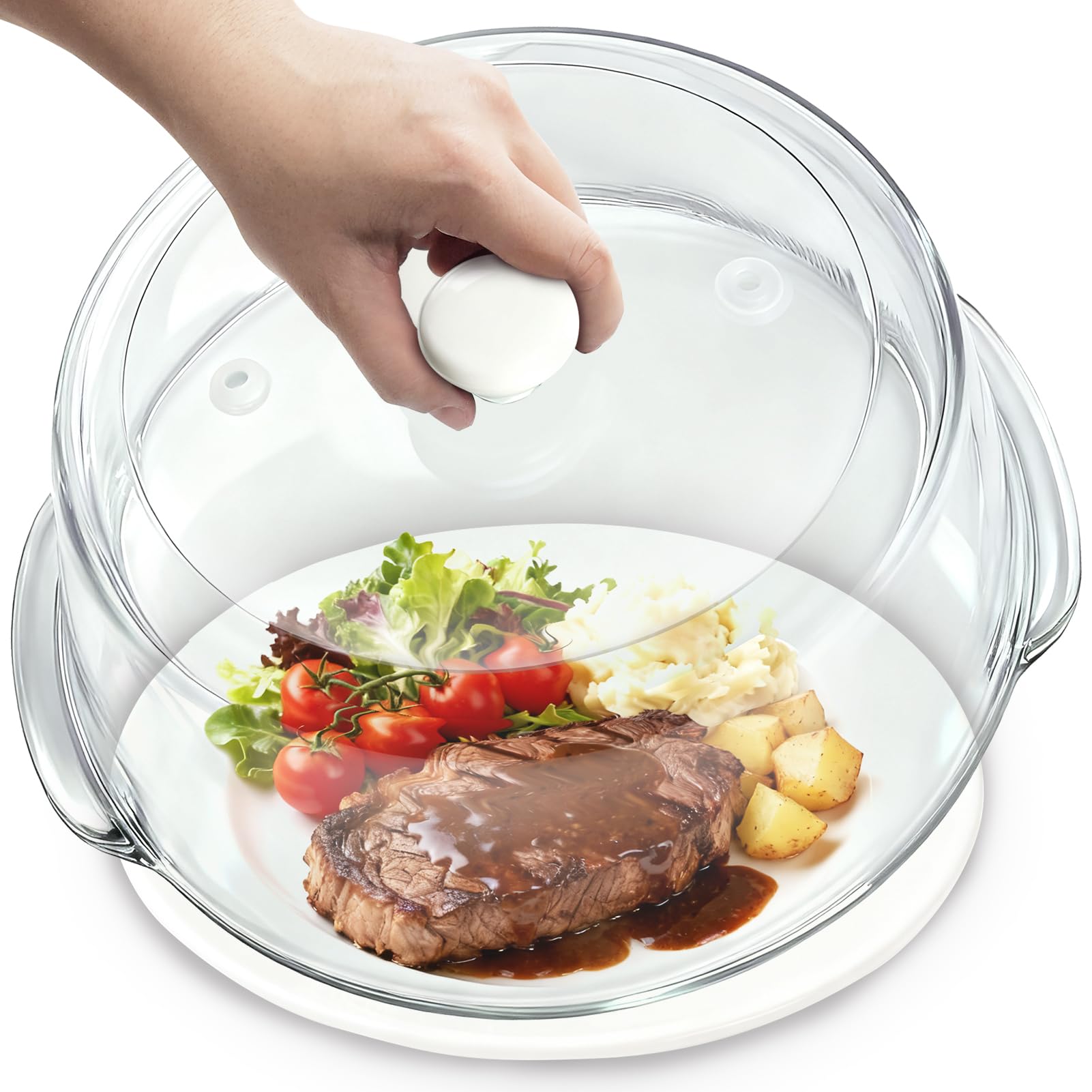 Photo 1 of (SEE NOTES) FANQIEW Glass Microwave Splatter Cover for Food Tall Microwave Cover with White Ceramic Knob 100% Food Safe 10 In Plate Splatter Guard Lid with Vent Hole BPA Free Dishwasher Safe