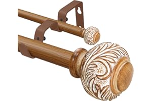 BHSRODS 1 Inch Wood Double Curtain Rod with Modern Design Floral Carved Ball Finials-Tension Curtain Rods 48-84 Inchs for Bedroom&Home Decor