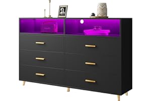 EnHomee Black Dresser with LED Lights, Wood Dresser for Bedroom with Wide Large Drawers and Metal Handles, Elegant Chest of Drawers for Clothes Storage Living Room Hallway Entryway, 47.2" W