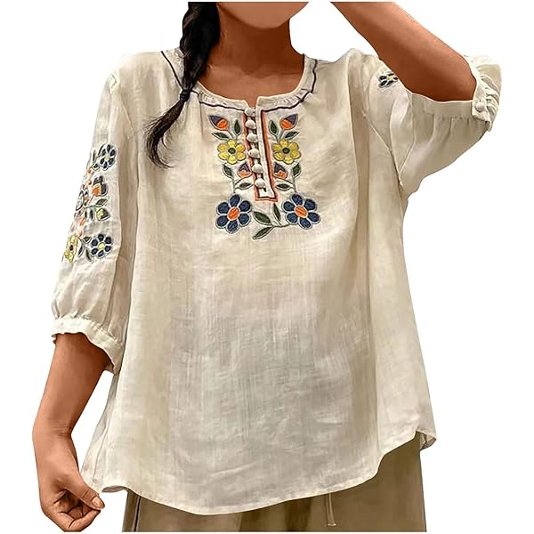 Women's Vintage Embroidered Cotton Linen Shirts Casual 3/4