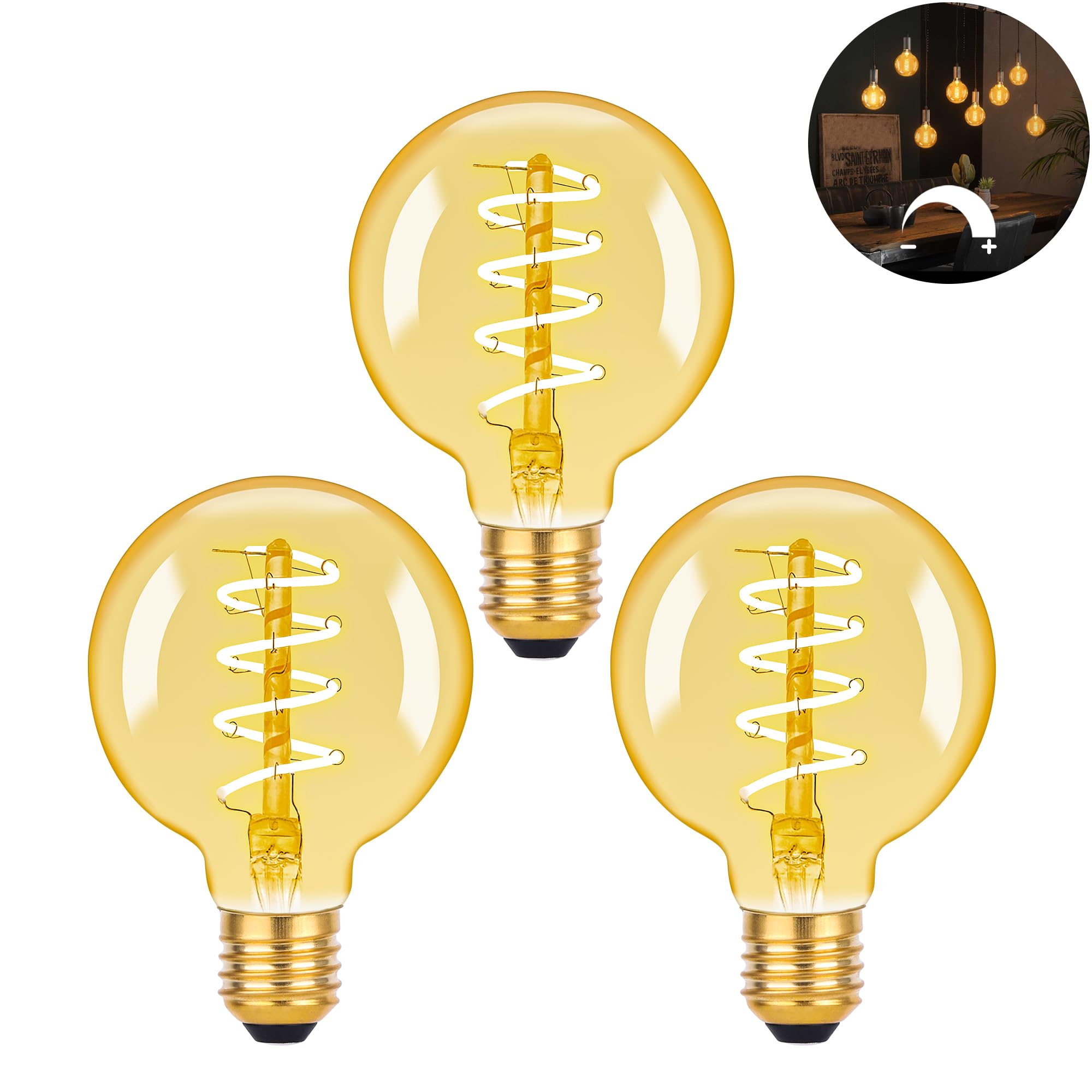 DSLebeen Light Bulb e27 Screw Bulb, Vintage LED Light Bulbs, Dimmable Screw Edison Bulbs, G80 Globe Bulbs, Decorative Light Bulbs Amber Glass, Warm White 2200K, 40W Equivalent, 4W 350lm, Pack of 3