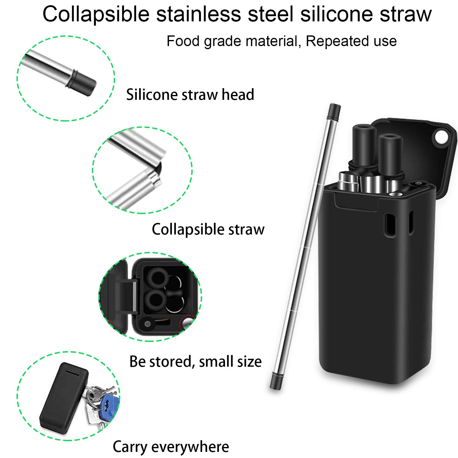 Collapsible Reusable Straws Premium Food-Grade Foldable Silicone Collapsible Straw Stainless Steel Drinking Straws Portable Set with Hard Case Holder and Cleaning Brush