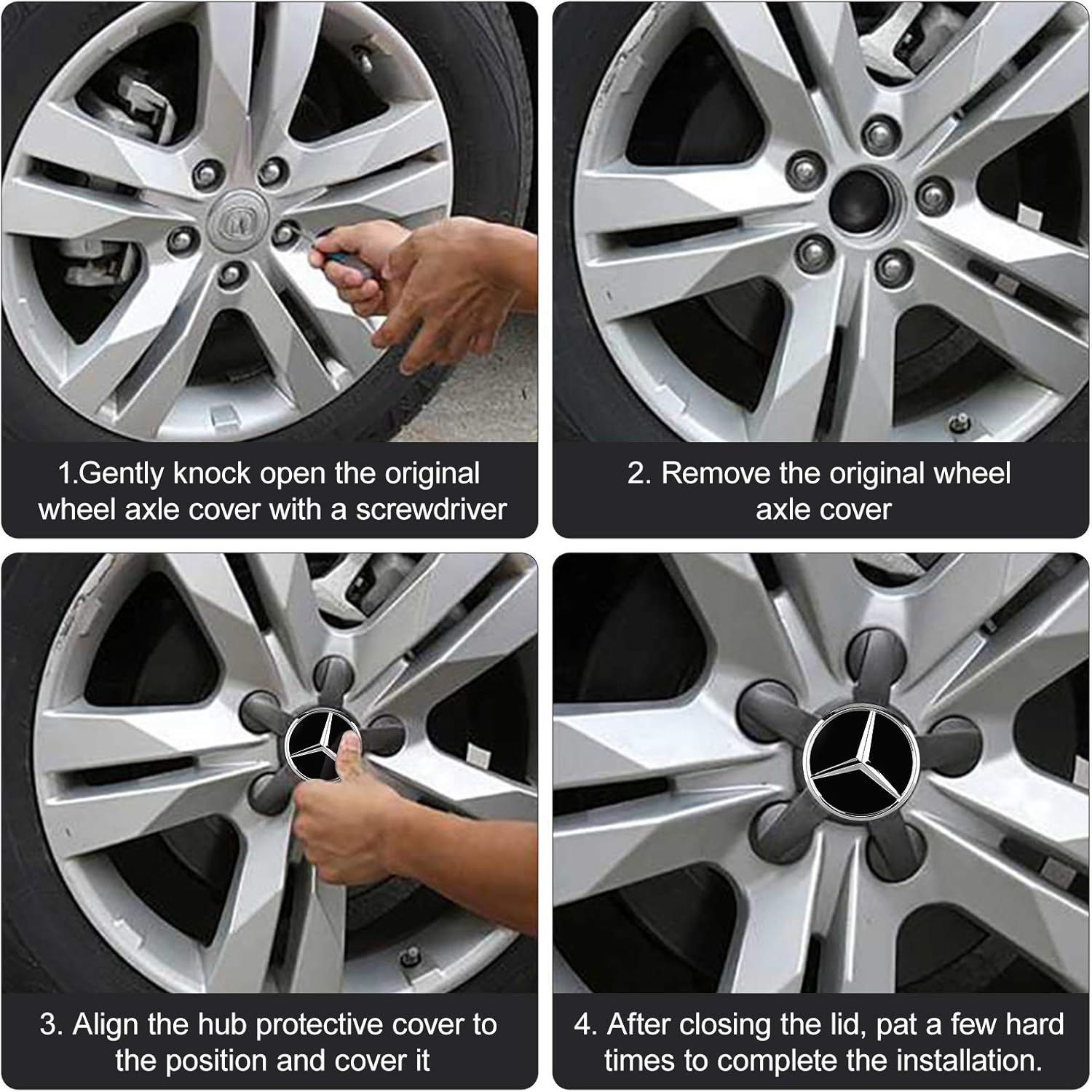 Seamuing 4pcs For Mercedes Center Caps Wheel Hub Centre Cover 75mm 3 Inch Black Emblem Badge Sticker Raised Star Wheel Rim Insert Caps Fit For Mercedes Benz All Models With 2 Car Door Projector