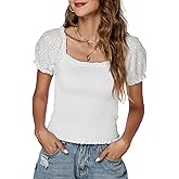 LYANER Women's Square Neck Shirred Eyelet Embroidered Puff Short Sleeve Ruffle Trim Blouse Crop Top