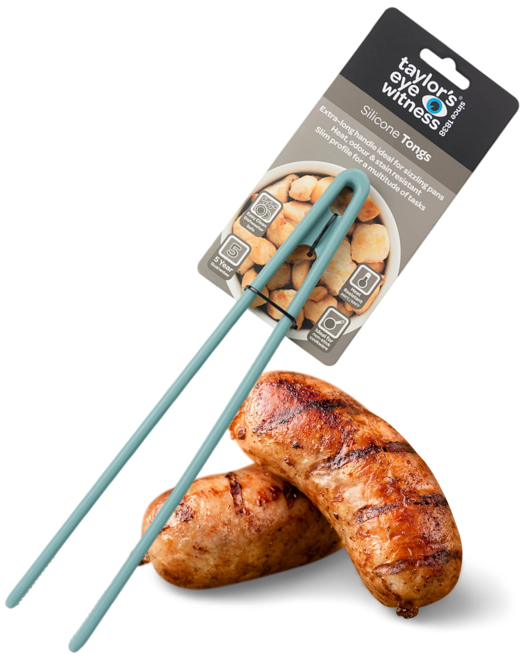 Taylors Eye Witness Large Aqua Blue Silicone Gripping Tongs - Dishwasher Safe, Non-Scratch Grip Heads, Heat & Stain Resistant (260°C/500°F), 29cm (11.5 inches)