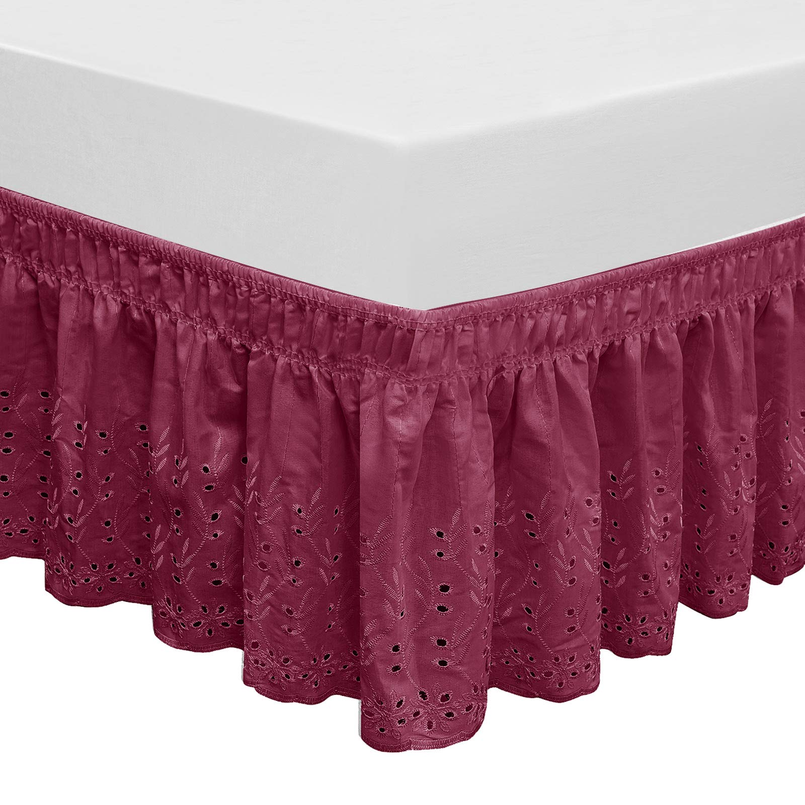 QSY Home Wrap Around Elastic Eyelet Bed Skirts 14 1/2 Inches Drop Dust Ruffle Three Fabric Sides Easy On/Easy Off Adjustable Polyester Cotton(Burgundy Twin/Full)