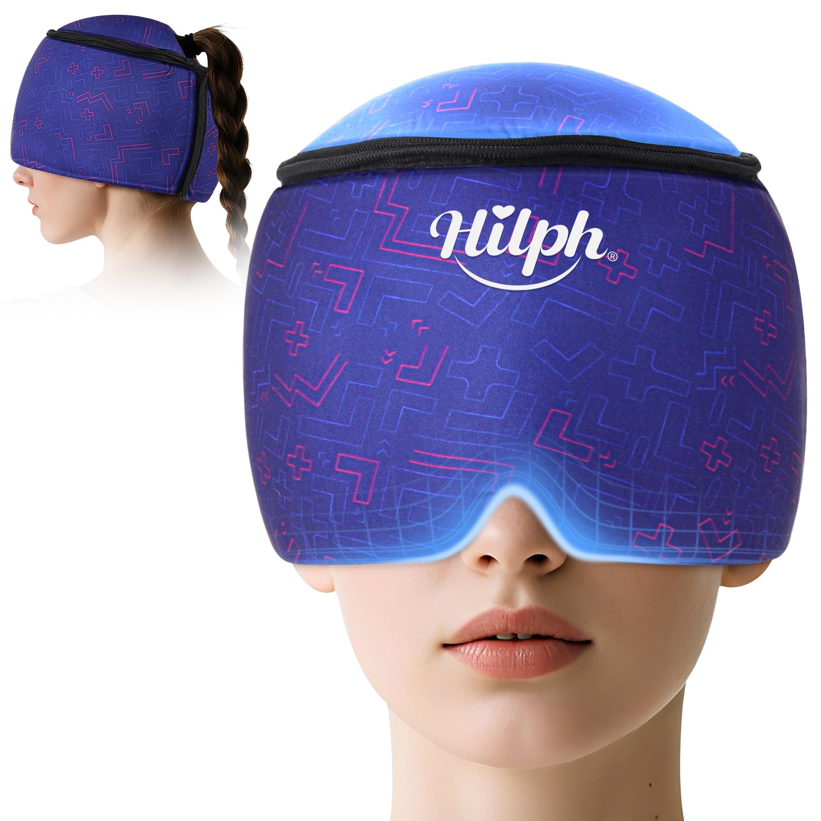 Hilph Migraine Relief Cap, Adjustable Cold Cap for Migraine, 360° Full Coverage Cold Compress Headache Relief Cap Ice Head Wrap for Headache, Puffy Eyes, Tension, Sinus & Stress Relief - Blue