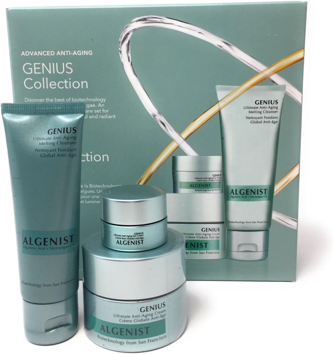 Algenist GENIUS Anti-Aging Collection - 3 Piece Anti-Aging Skincare Regimen with Melting Cleanser (45ml), Facial Cream (30ml), Eye Cream (5ml) - Non-Comedogenic & Hypoallergenic Skincare