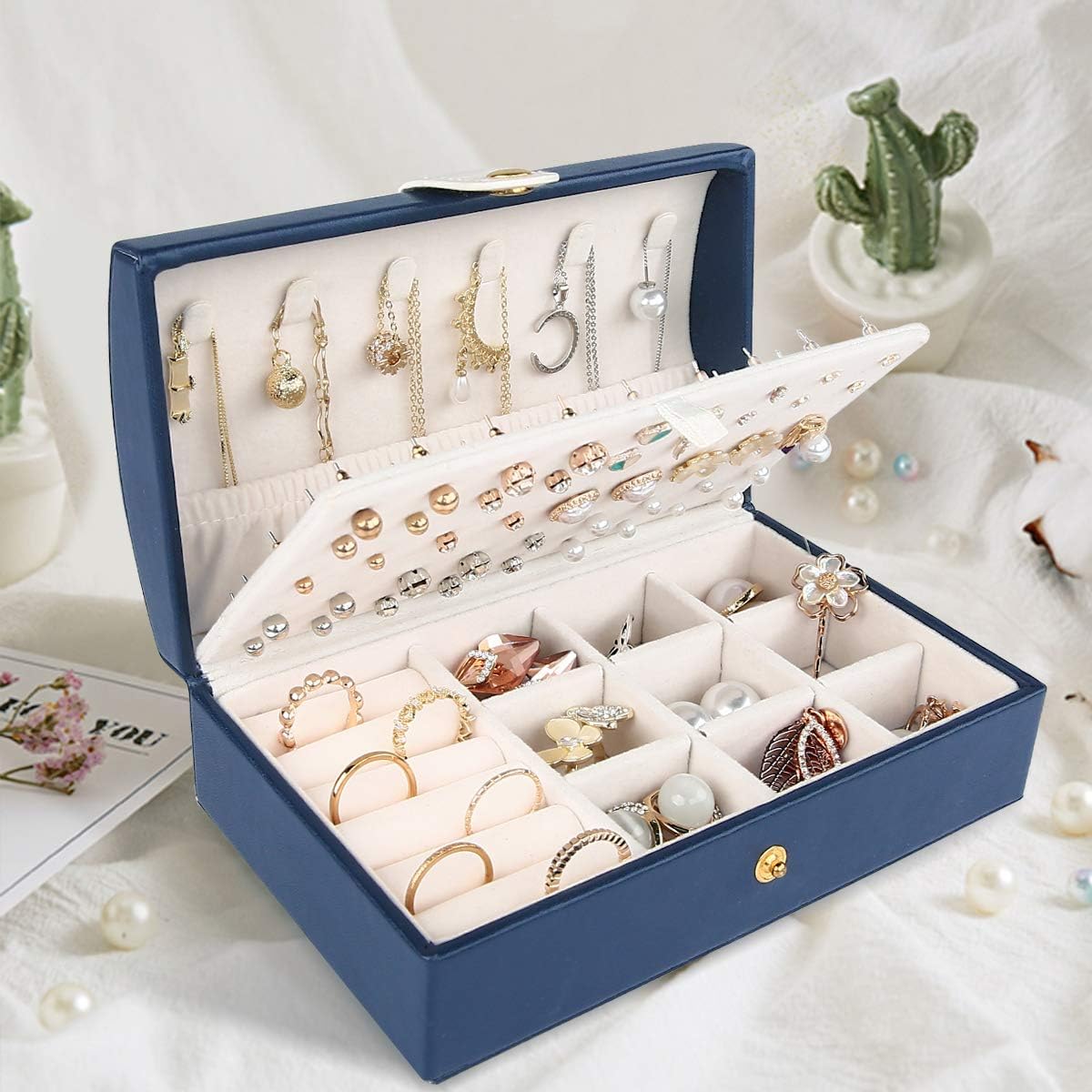 Travel Jewelry Box for Women, JOMARTO Two-Layer Jewelry Display Case PU Leather Jewelry Organizer for Necklace Earring Rings Compact Portable Jewelry Box with Button- Navy Blue: Home Improvement