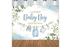 SKTMH Cute Clothes Baby Shower Backdrop for Boys, A Sweet Baby Boy is On His Way Banner, Watercolor Blue Floral Sweet Little 