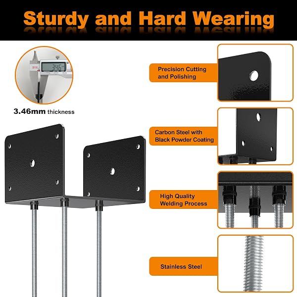 FMHOTU 6X6 CONCRETE POST BASE(4 PCS), DECK POST BASE HOLDER GROUND SPIKE FOR CONCRETE, DECKING POST BRACKETS WITH 3 ANCHOR RODS, POST BASE FOR PAVILION DECK PORCH HANDRAIL RAILING
