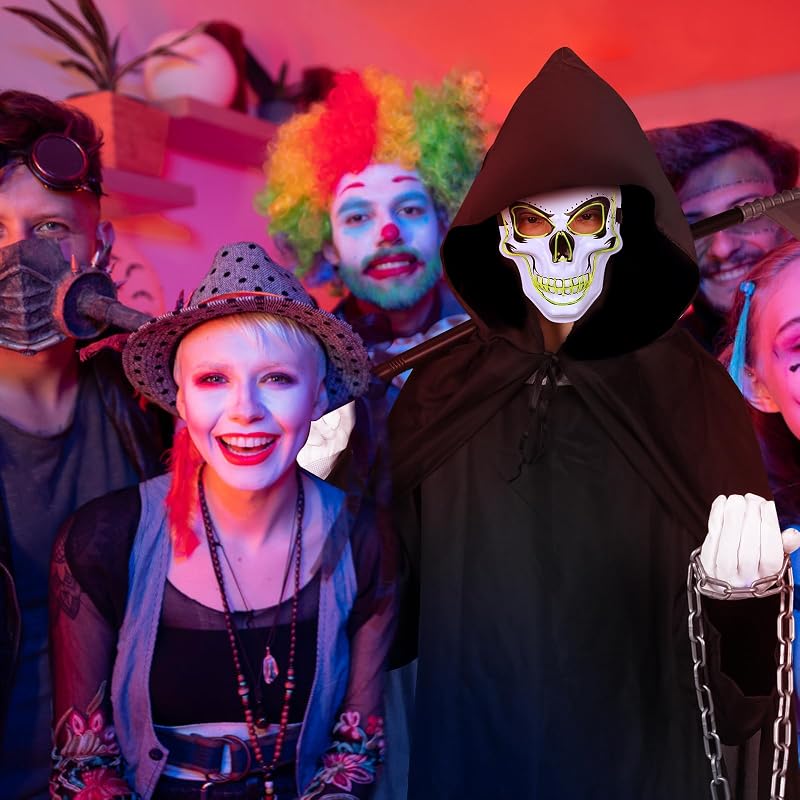 Fato de Fantasma de Halloween, Fato de Ceifador da Morte, Fato de Capa com Capuz de Halloween, Cosplay de Carnaval com Foice, Máscara de Esqueleto, Luvas e Corrente para Criança Adulta — foto 5 de 6