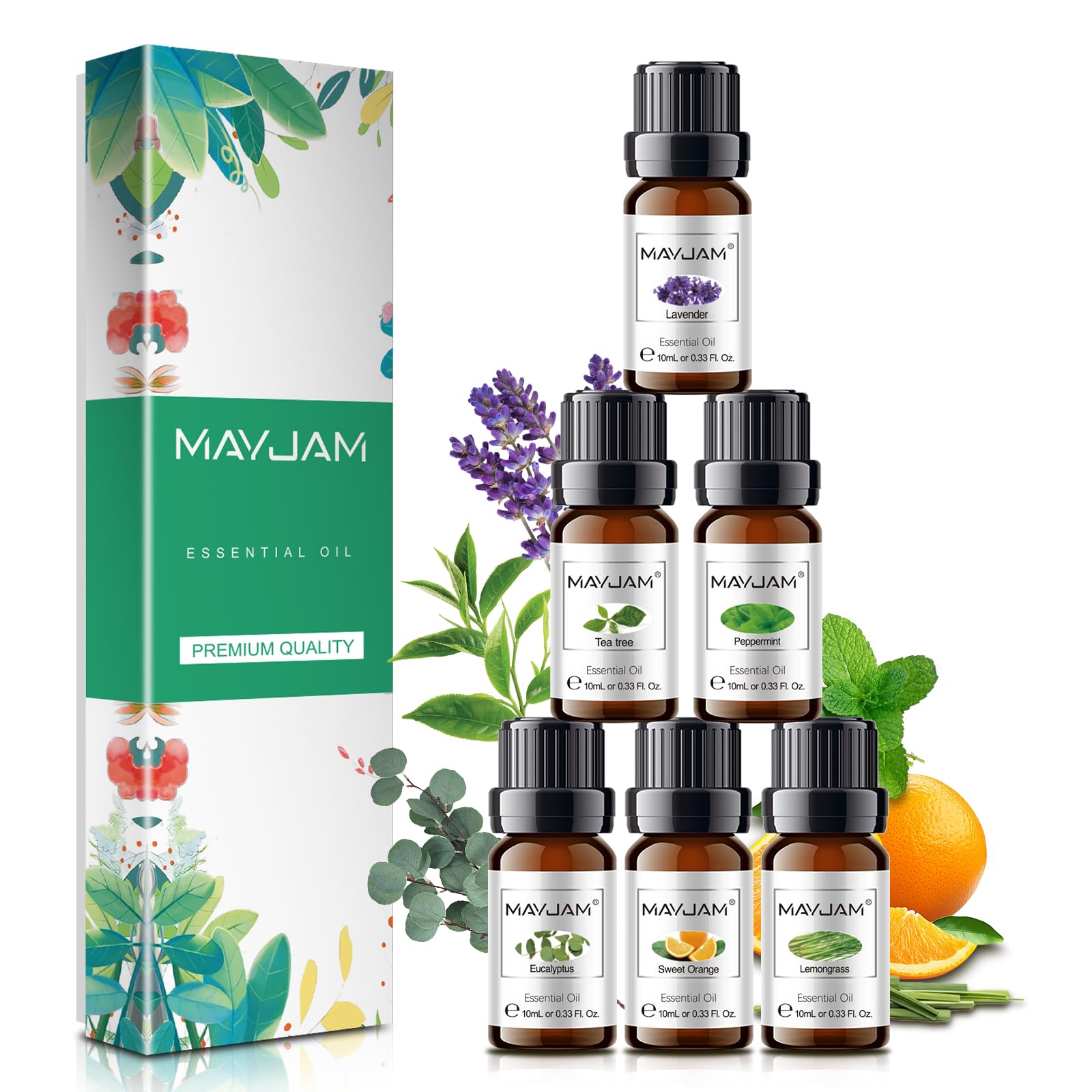MAYJAM Essential Oils Gift Set, Pure Essential Oil Set for Diffuser for Home, Aromatherapy, Humidifier, DIY, Eucalyptus, Lavender, Sweet Orange, Lemongrass, Peppermint, Tea Tree, 6 x 10ml