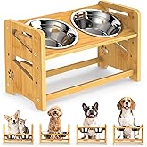 CozyLazy Elevated Dog Bowls, Adjustable Raised Dog Bowl Stand for Medium and Small Pet, 11" High Bamboo Pet Food Feeder with 2 Stainless Steel Dishes(4 Height)