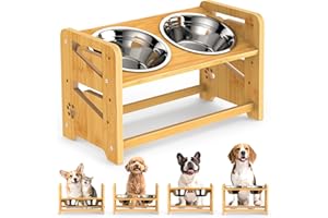 CozyLazy Elevated Dog Bowls, 4 Height Adjustable Raised Dog Bowl Stand with 2 Stainless Steel Bowls for Large, Medium and Small Dogs and Cats, 11" High Bamboo Pet Food Feeder