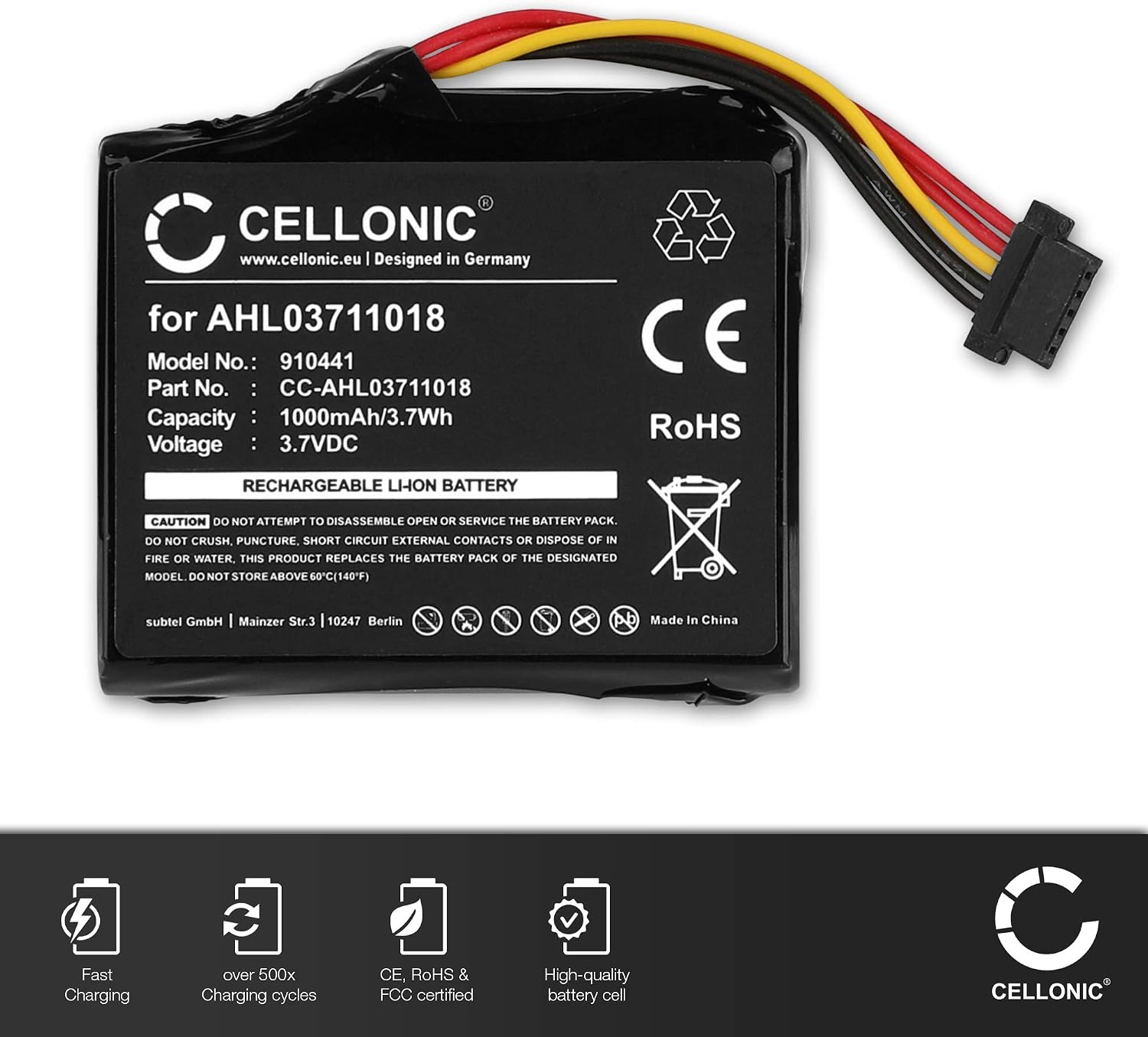 CELLONIC 1x Battery for GPS/Navigation Compatible with TomTom Go Live 2050 World, GO Live 1005 Europe, GO 1005, 4CQ02 - (1000mAh, 3.7V) - Image 4