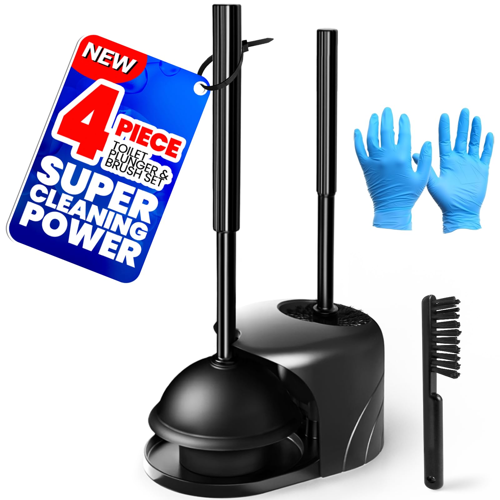 Photo 1 of Denvlex 4-Piece Toilet Brush and Plunger Set&Gap Brush&Clean Gloves, Extended Handle Plunger,Toilet Bowl Brush Plunger Set,Bathroom Cleaning Tools,Toilet Brush Plunger Combo,Black 20inch