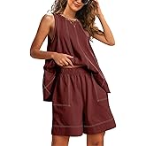Gozoloma Womens 2 Piece Outfits Sleeveless Matching Sets A Line Tank Tops Contrast Stitching High Waist Shorts with Pockets