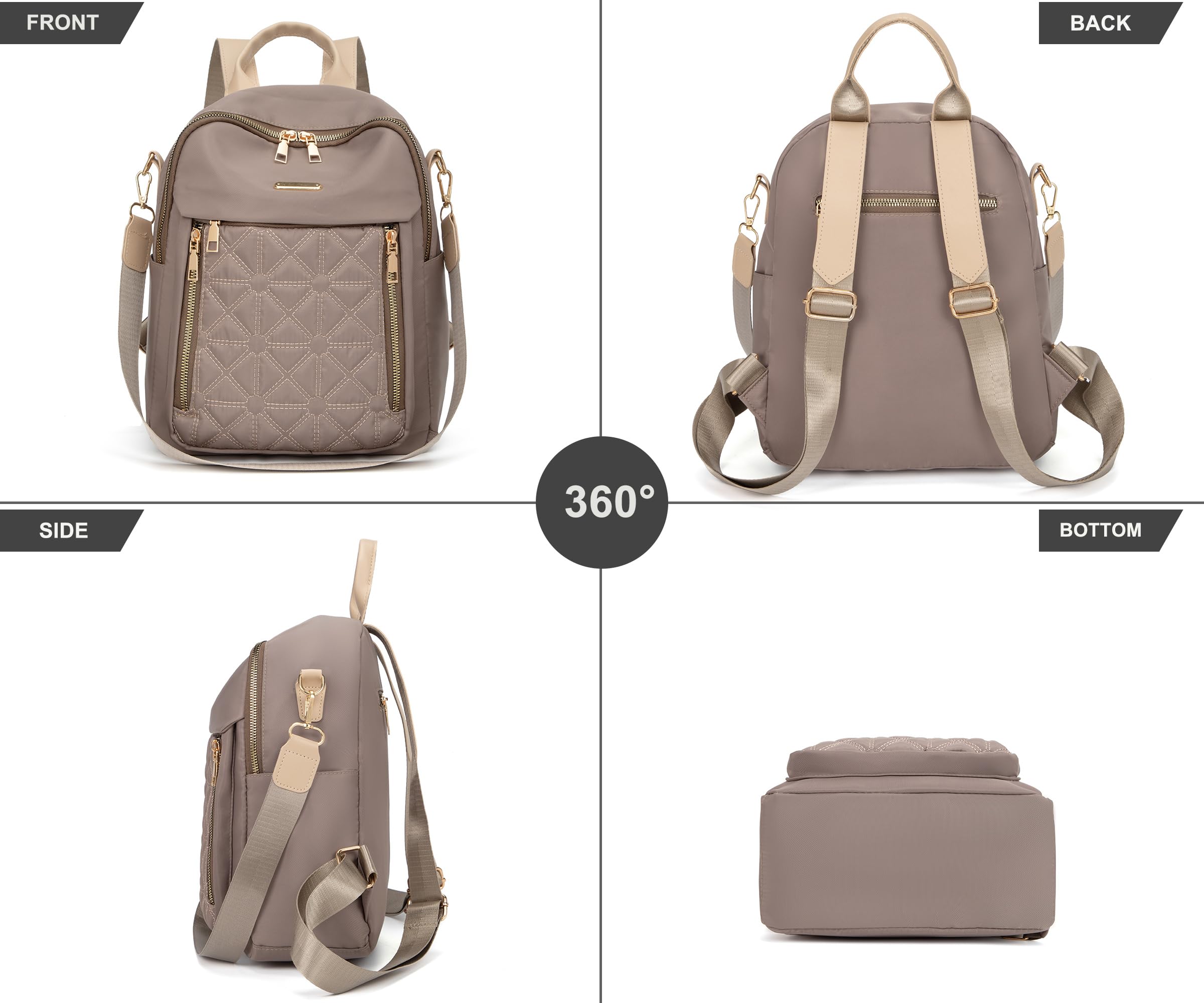 Pealwel Mini Nylon Women Backpacks,Small Ladies backpacks Lightweight Shoulder Satchel Bag Tote Handbag Casual Travel Daypack (Khaqi)