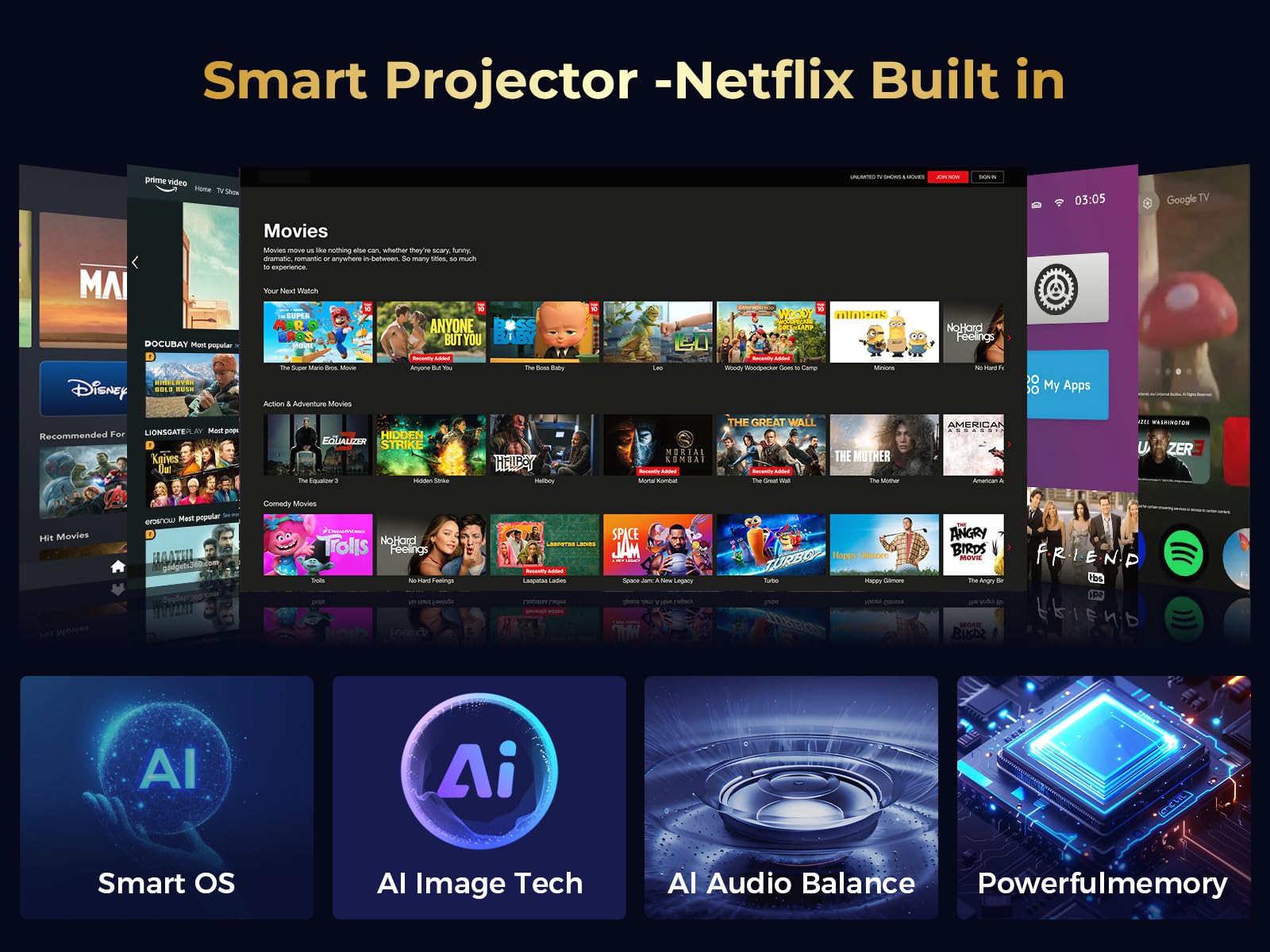 GooDee Smart 4K Projector with 5G WIFI and Bluetooth, Netflix/Amazn Prime Video Certified, Dolby Audio, Outdoor Projector, 400