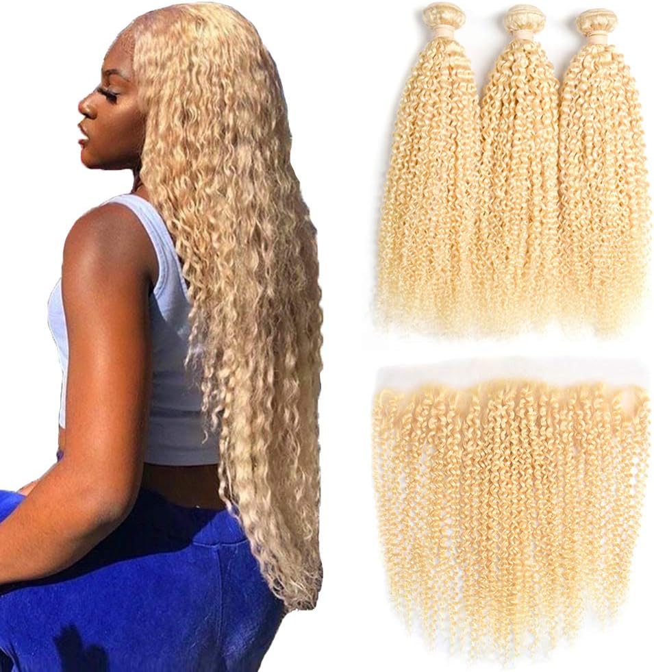 HC Hair 613 Bundles with Frontal 9A Brazilian Kinky Curly 3 Bundles with 13x4 Lace Frontal Closure Remy Human Hair Blonde Bundles with Frontal Closure (12 14 16 with 10, frontal)