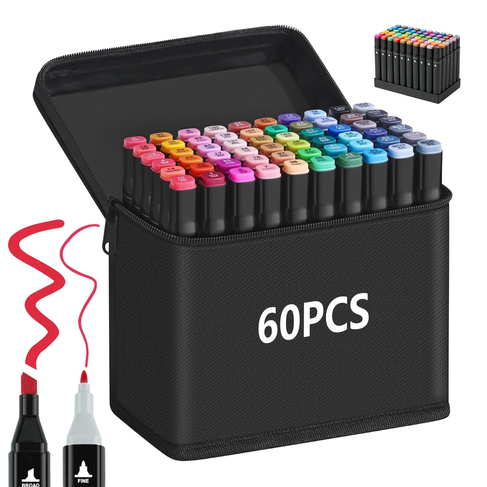 Alcohol Markers, Colouring Pens for Adult, Dual Tip Art Markers, Decotime Twin Markers, Marker Pens Supplies Perfect for Painting, Coloring, Sketching and Drawing (Black 60 PCS)