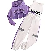 LuxyBear Girls Graphic 3 Piece Outfits Workout Hoodie Crop Tank and Sweatpants Hip Hop Dance Set