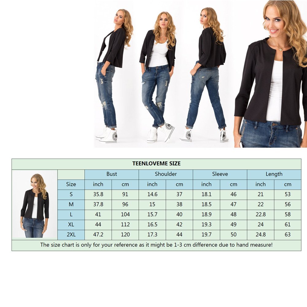 Hellomamma Womens Summer Jacket 3/4 Sleeve Open Front Slim Work Casual Blazer Coat(8072-Black XX-Large)