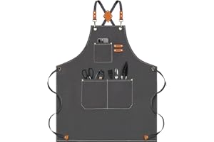 Riqiaqia Aprons for Men Women with Pockets, Chef Apron for Cooking with Adjustable Strap, Canvas Cross Back Apron for Kitchen Baking,Size M to XXL (Grey)