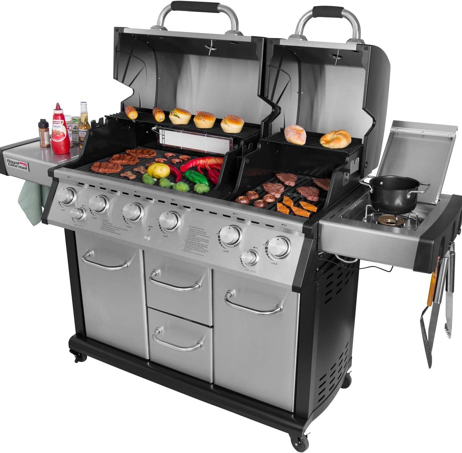 review Royal Gourmet Mirage MG6001-R Two Split Lid 6-Burner Cabinet Propane Infrared Burner Gas Grill, Side Burner, 96,000 BTU,Stainless Steel