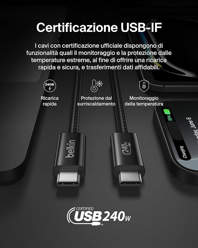 Confezione da 2 cavi intrecciati da USB-C a USB-C da 1,5 m, 240 W, cavo flessibile per ricarica rapida, cavo Type-C per iPhone 17 e iPhone 16 series, Galaxy S25, Pixel 10, iPad Pro ecc., nero