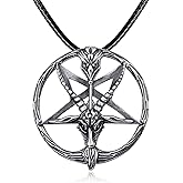 Pentacle Necklace, Inverted Pentagram Necklace, Satanic Necklace for Men Women 925 Sterling Silver Goat Head Inverted Pentagram Pentacle Baphomet Necklace Satanic Jewelry Black Leather Cord Necklace