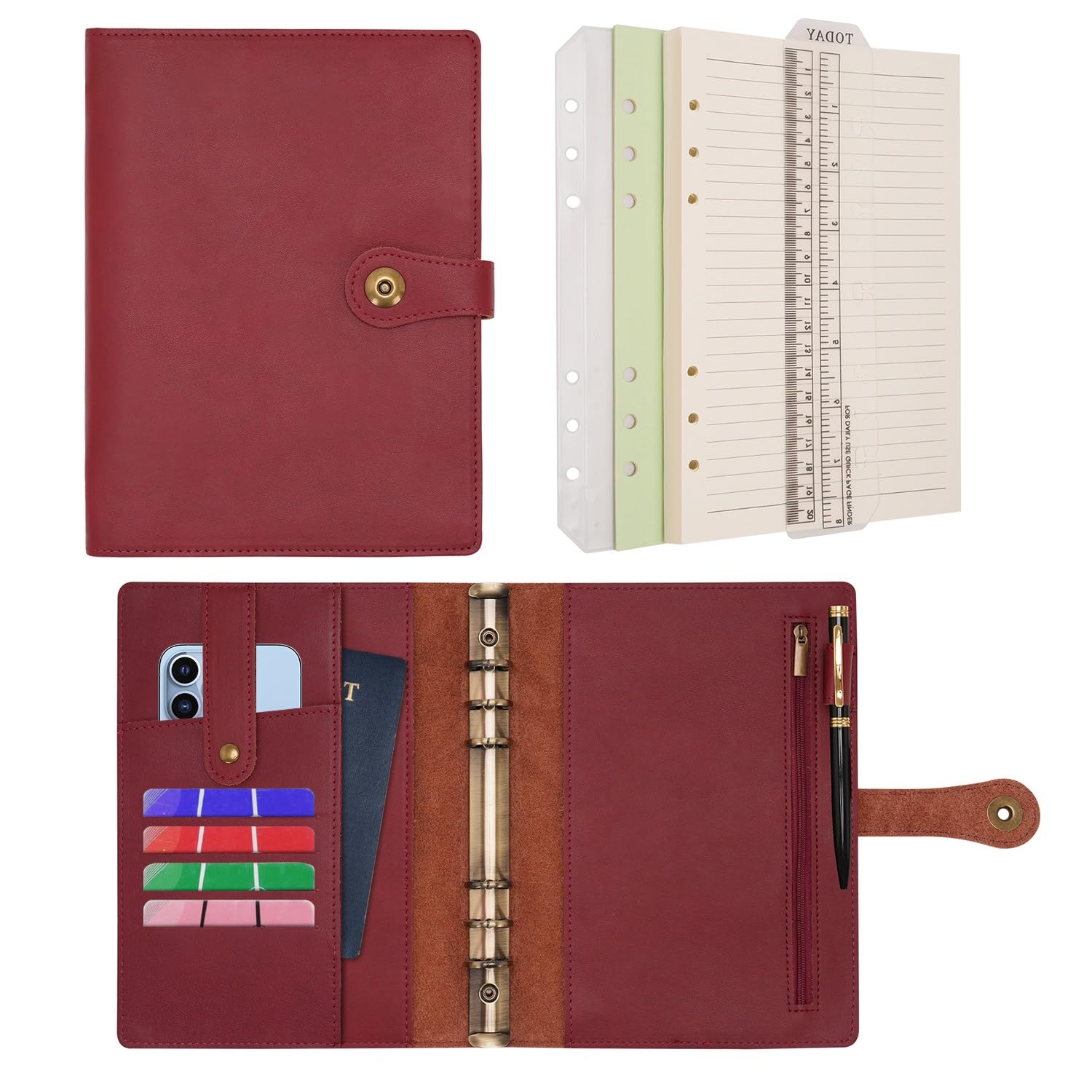 Wonderpool A5 Binder Travel Diary Journal Notebook, College Ruled Paper Refillable, Leather Budget Binder Rings Organizer with Pen for Office School Business Planning Writing (Wine red, A5)