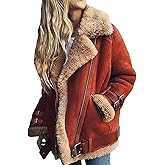 Baimiu Women Sherpa Lined Coat Lapel Zip Up Plus Size Winter Coats Faux Suede Leather Jacket Thicked Biker Motor Fuzzy Jacket
