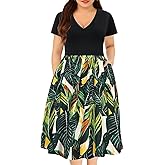 RITERA Plus Size Dresses for Curvy Women Short Sleeve Summer Dress V Neck High Waisted Womens Patchwork Casual Dress XL-5XL