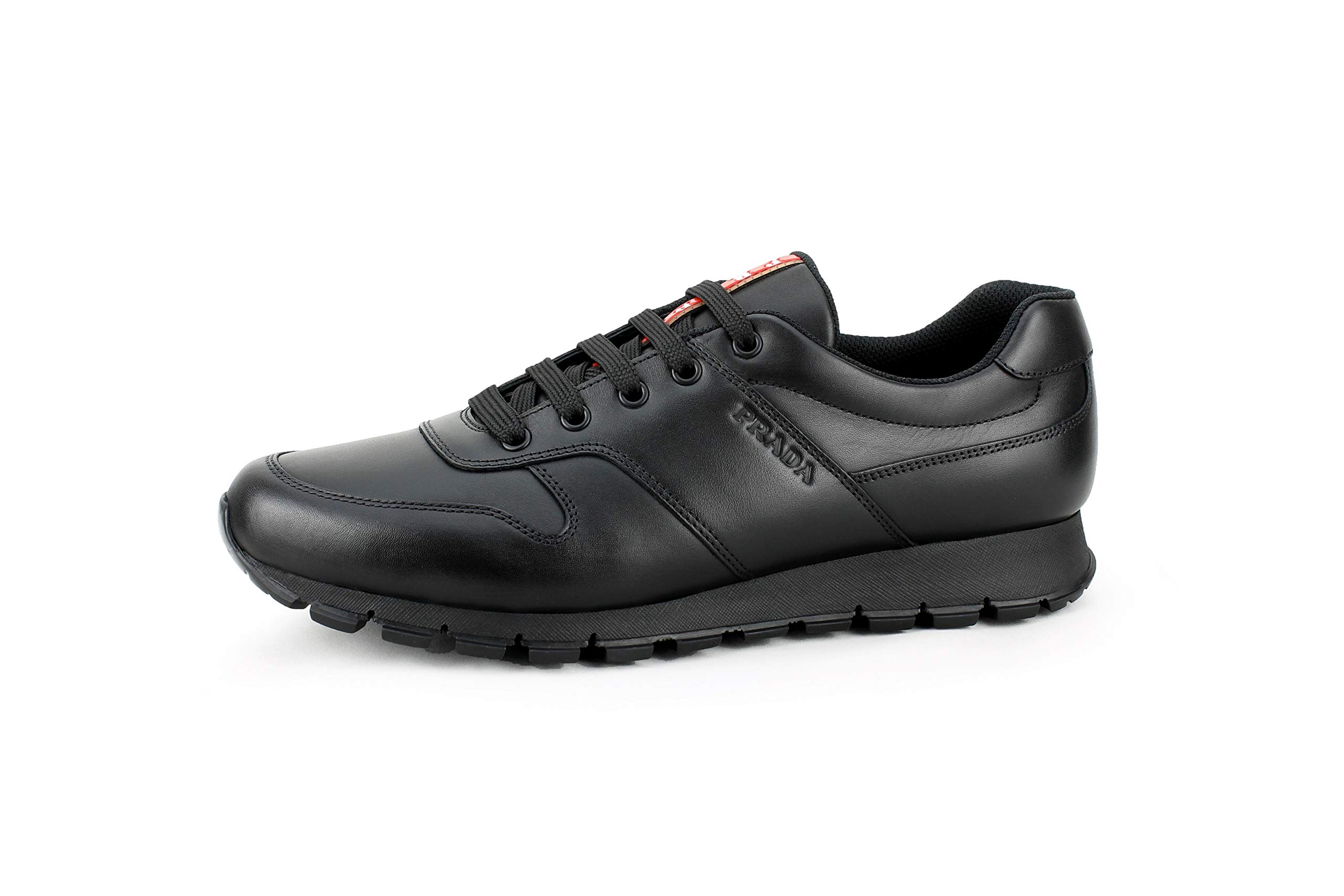 Prada Mens Vitello Plume Leather Trainer Sneakers Nero Black 