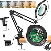 10X Magnifying Glass with Light and Clamp, 5 Color Modes Stepped Dimmable 2-in-1 with LED Desk Lamp, Hands Free Magnifier wit