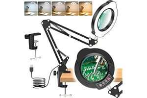 10X Magnifying Glass with Light and Clamp, 5 Color Modes Stepped Dimmable 2-in-1 with LED Desk Lamp, Hands Free Magnifier wit
